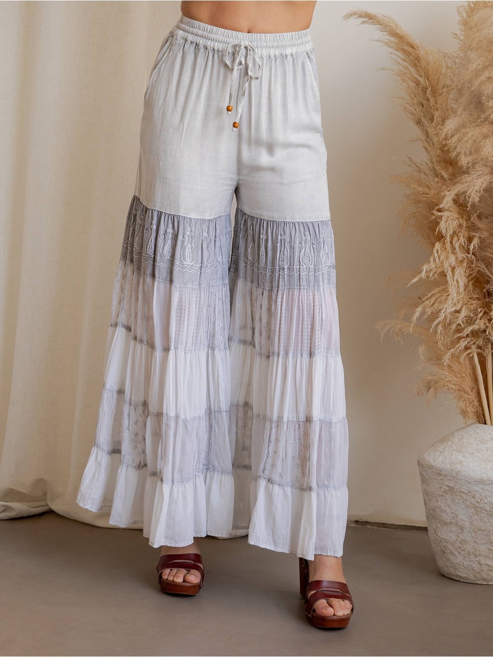 Young Threads - The Desert Wanderer: Mixed Texture Rayon Tiered Palazzo Pant